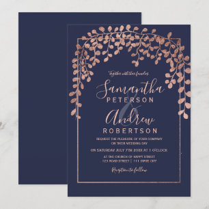Rose Goldblatt Navy Typografie Hochzeit Einladung