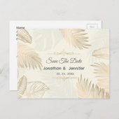 Rose, Goldblatt und Palmen Save the Date Hochzeit Ankündigungspostkarte (Vorne/Hinten)