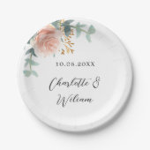 Rose Goldblume Eukalyptus Hochzeit Pappteller (Vorderseite)
