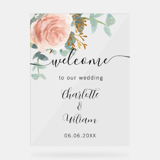 Rose Goldblume Eukalyptus Hochzeitsempfang Acrylschild (Vorderseite)