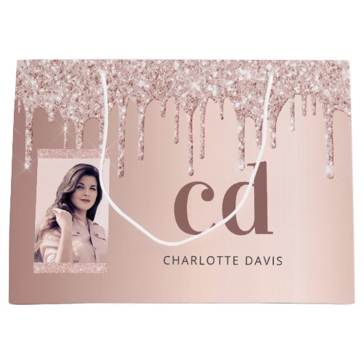 Rose Goldblume Glitzer Tropfen Foto Monogramm Große Geschenktüte (Vorderseite)