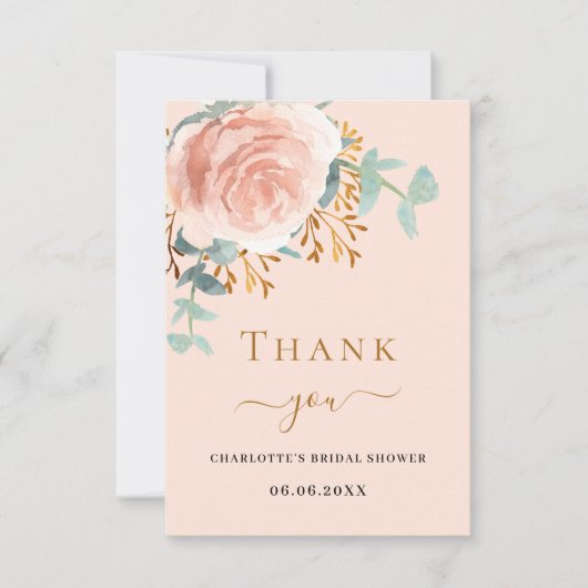 Rose Goldblumengrün Pfirsichfarben Brautparty Dankeskarte (Vorderseite)