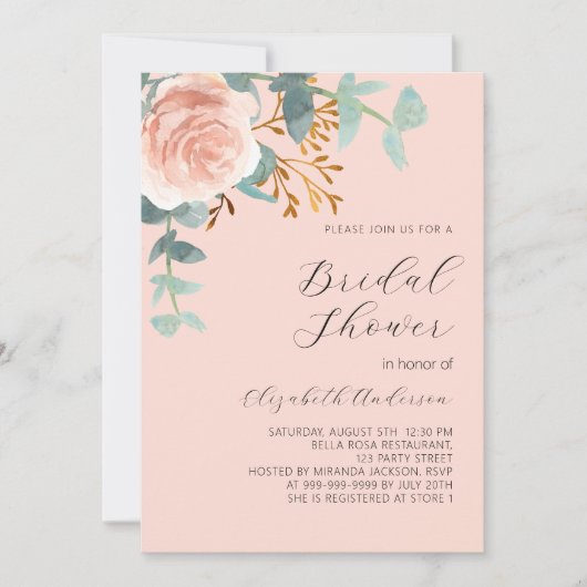 Rose Goldblumengrün Pfirsichfarben Brautparty Einladung (Vorderseite)