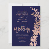 Rose Goldblumenreath Kirchenschiff Blaue Hochzeit Einladung (Vorderseite)