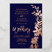 Rose Goldblumenreath Kirchenschiff Blaue Hochzeit Folieneinladung (Vorderseite)