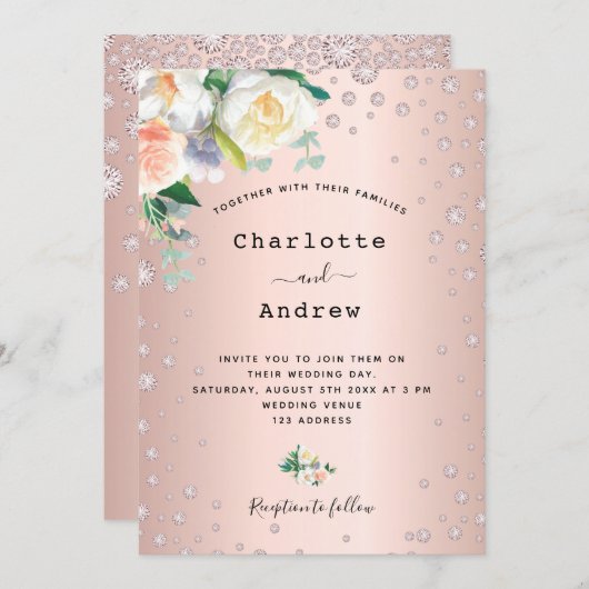 Rose Goldblüte Blumendiamanten glamouröse Hochzeit Einladung (Vorne/Hinten)