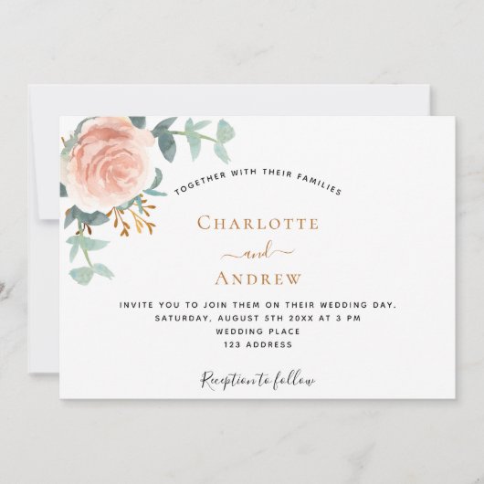 Rose Goldblütengrün QR UAWG details Hochzeit Einladung (Vorderseite)