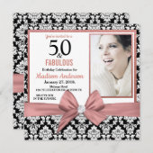 Rose Goldbogen schwarzer Damast 50. Geburtstag Fot Einladung (Vorne/Hinten)