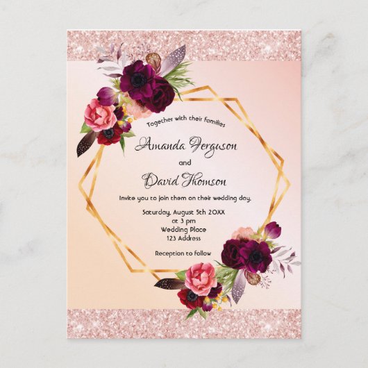 Rose goldbordeauxfarben Einladung Hochzeit Postkarte (Vorderseite)