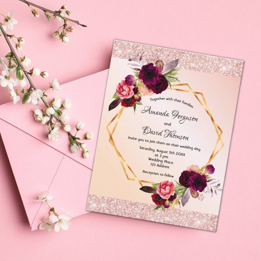 Rose goldbordeauxfarben Einladung Hochzeit Postkarte