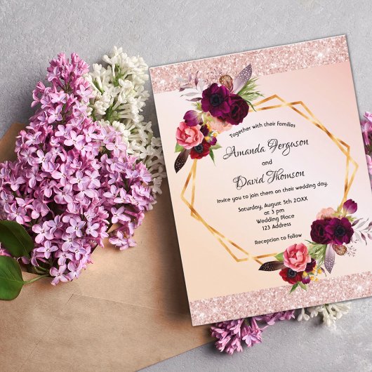 Rose goldbordeauxfarben Einladung Hochzeit Postkarte