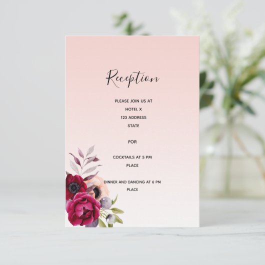 Rose goldbordeauxfarben Hochzeitsempfang Details Begleitkarte (Stehend Vorderseite)