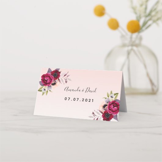 Rose Goldburgunde Blume Hochzeit Platzkarte (Vorderseite)