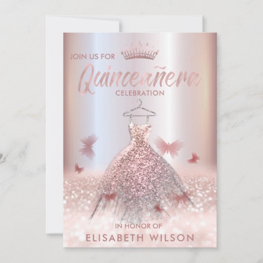 Rose Goldbutterfly tiara Quinceañera Invit Einladung (Vorderseite)