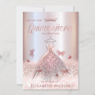 Rose Goldbutterfly tiara Quinceañera Invit Einladung