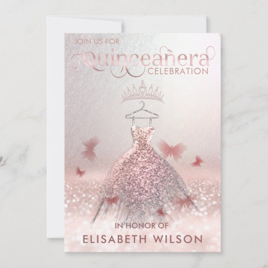 Rose Goldbutterfly tiara Quinceañera Invit Einladung (Vorderseite)