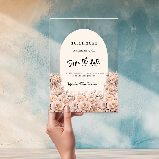 Rose Goldcreme-Flora Hochzeit speichern Sie die Da Acryleinladungen