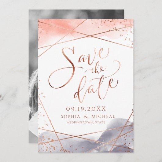 Rose Golddaunen Wasserfarbe Geometrische Kalligrap Save The Date (Vorne/Hinten)