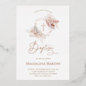 Rose Golddetails Taufe boho Blume Folieneinladung (Vorderseite)