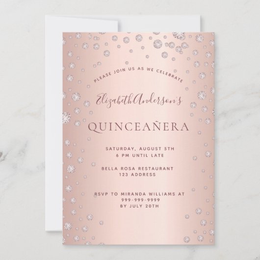 Rose Golddiamanten Quinceanera Einladung (Vorderseite)