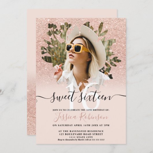 Rose Golden chic Glitzer ombre Foto Blumenstrauß 1 Einladung (Vorne/Hinten)