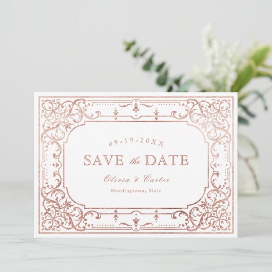 Rose Golden Romantik verzierte Hochzeit Save The Date (Stehend Vorderseite)
