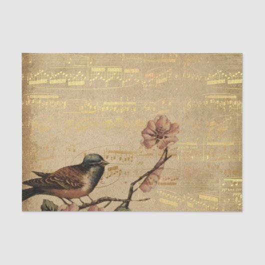 Rose Golden Song Bird Vintage Musiknoten Garten Seidenpapier (Vorderseite)