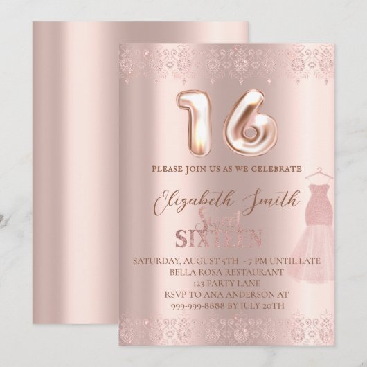 Rose goldene Eleganz, 16 . Geburtstag Einladung (Vorne/Hinten)