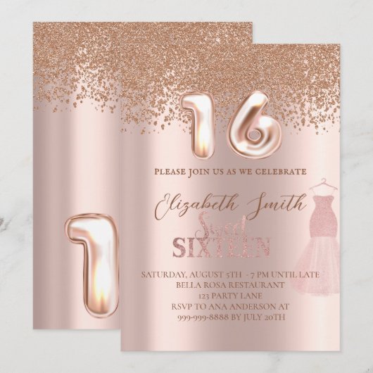 Rose goldene Eleganz, 16 . Geburtstag Einladung (Vorne/Hinten)