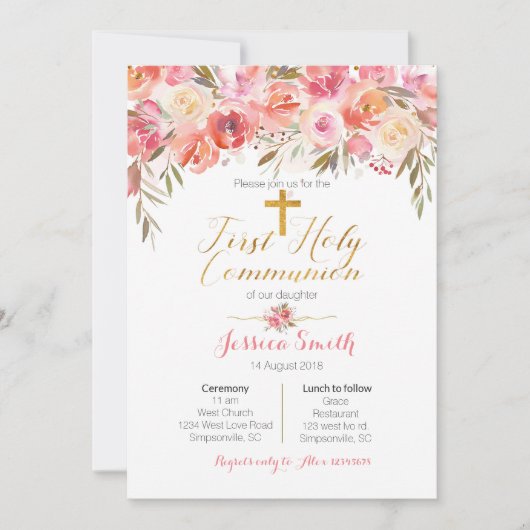 Rose Goldene Erstkommunion Einladung (Vorderseite)