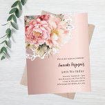 Rose goldene Flora lädt zum 50. Geburtstag ein<br><div class="desc">Eine elegante Einladung zum 50. Geburtstag für Frauen. Rosengoldener Hintergrund mit rosa und rosa Goldfloralen,  Rosen und Spitzen. Personalisieren und fügen Sie einen Namen und Party-Details hinzu. 1 Blatt = 1 Einladung mit Druckkante bis Kante.</div>