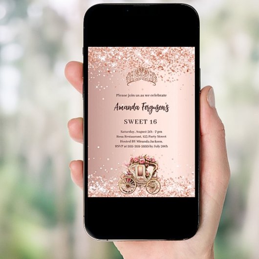 Rose Goldene Kutsche Tiara Glitzer Süß 16 Einladung