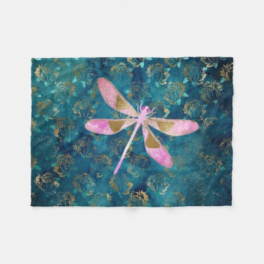 Rose Goldene Libelle im türkisfarbenen Blumenhinte Fleecedecke (Vorderseite (Horizontal))