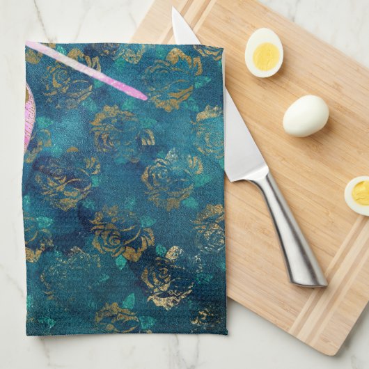 Rose Goldene Libelle im türkisfarbenen Blumenhinte Geschirrtuch (Viertel Falte)