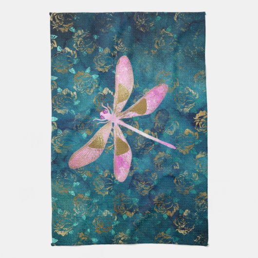 Rose Goldene Libelle im türkisfarbenen Blumenhinte Geschirrtuch (Vertikal)