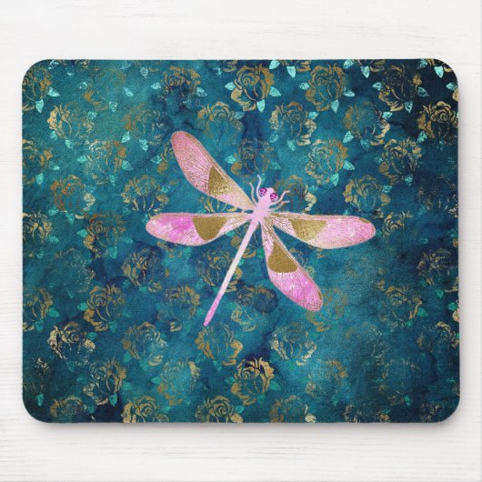 Rose Goldene Libelle im türkisfarbenen Blumenhinte Mousepad (Vorne)