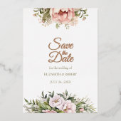 Rose Goldene Pfirsich und Blüten Save the Date Folieneinladung (Vorderseite)