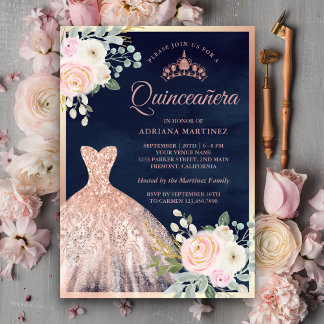 Rose Goldene Quinceanera Einladung