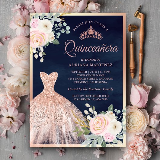 Rose Goldene Quinceanera Einladung