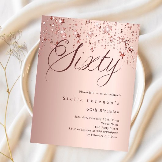 Rose goldene Sterne Budget Einladung zum 60. Gebur