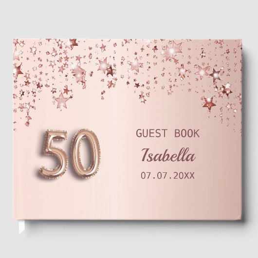 Rose goldene Sterne heißen 50. Geburtstag Gästebuch (Vorderseite)