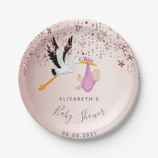 Rose goldene Sterne Storchenmädchen Dusche Pappteller (Vorderseite)