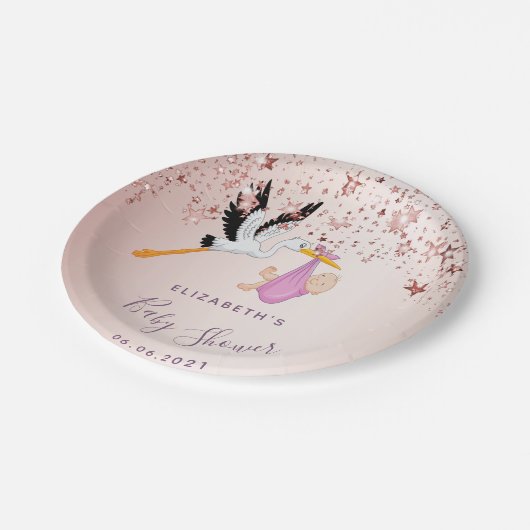 Rose goldene Sterne Storchenmädchen Dusche Pappteller (Schrägansicht)