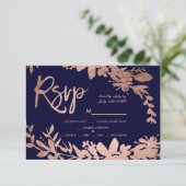 Rose Goldene Typografie Blumenmarinebräu Blaue uAw RSVP Karte (Stehend Vorderseite)