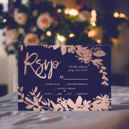Rose Goldene Typografie Blumenmarinebräu Blaue uAw RSVP Karte