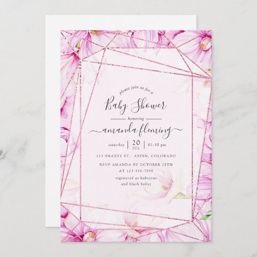 Rose Goldene und rosa Magnolia Geometrische Babydu Einladung (Vorne/Hinten)