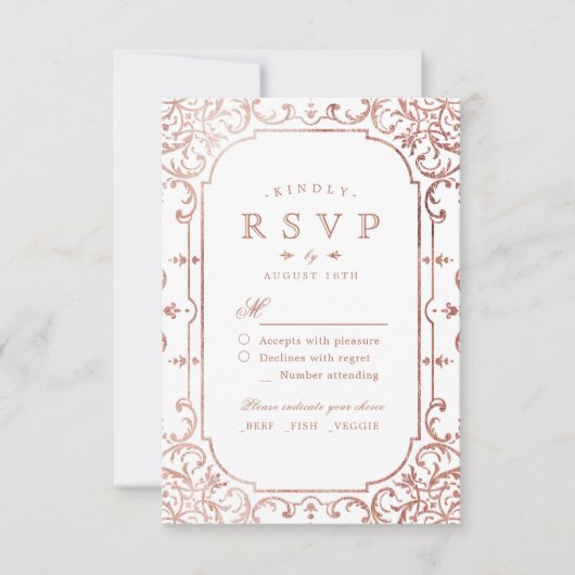 Rose Goldene verzierte romantische Hochzeit RSVP Karte (Vorderseite)