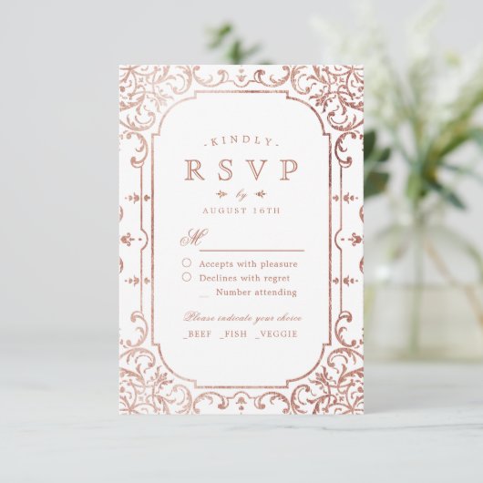 Rose Goldene verzierte romantische Hochzeit RSVP Karte (Stehend Vorderseite)