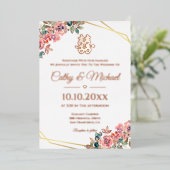 Rose Goldener Blumenkranz Chinesische Hochzeit Folieneinladung (Stehend vorne)