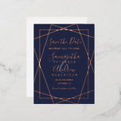 Rose goldenes geometrisches blaues Schriftzeichen  Folie Einladungspostkarte (Vorderseite/Rückseite)